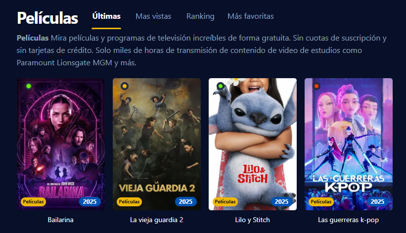Captura de pantalla de la interfaz de usuario de Pelispedia mostrando una colección de películas y series en alta definición